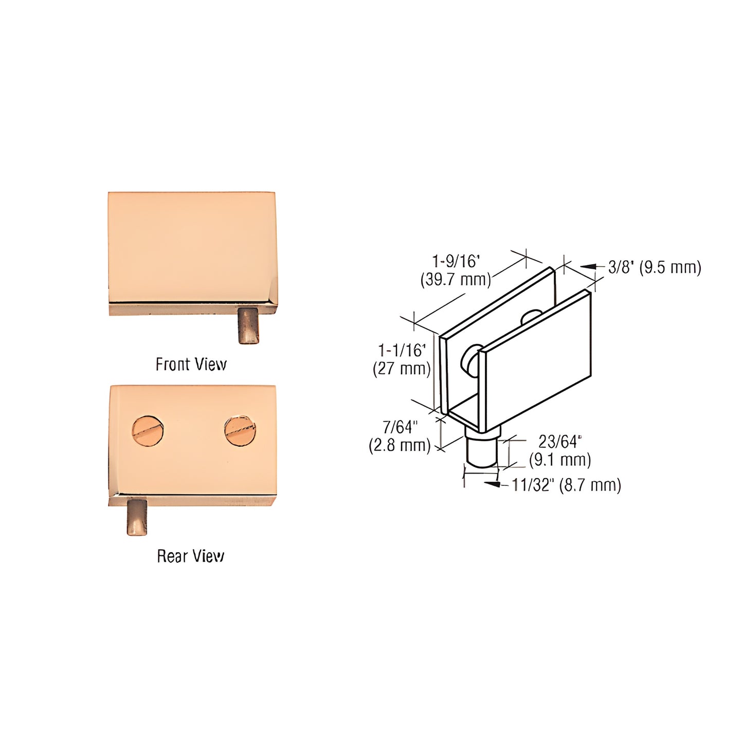 EH226 polished brass no drill glass cabinet hinge, front/rear views and dimensional diagram for 6-8mm glass.