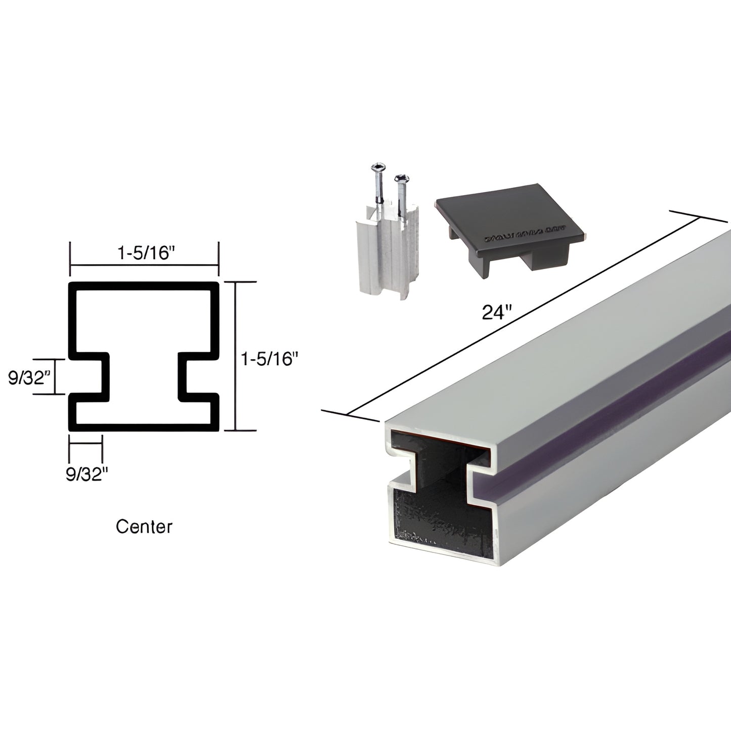 CRL Sculptured aluminum square partition post SKU 6406424, satin anodized 24" center post with flat cap, pocket for 1/4" glas