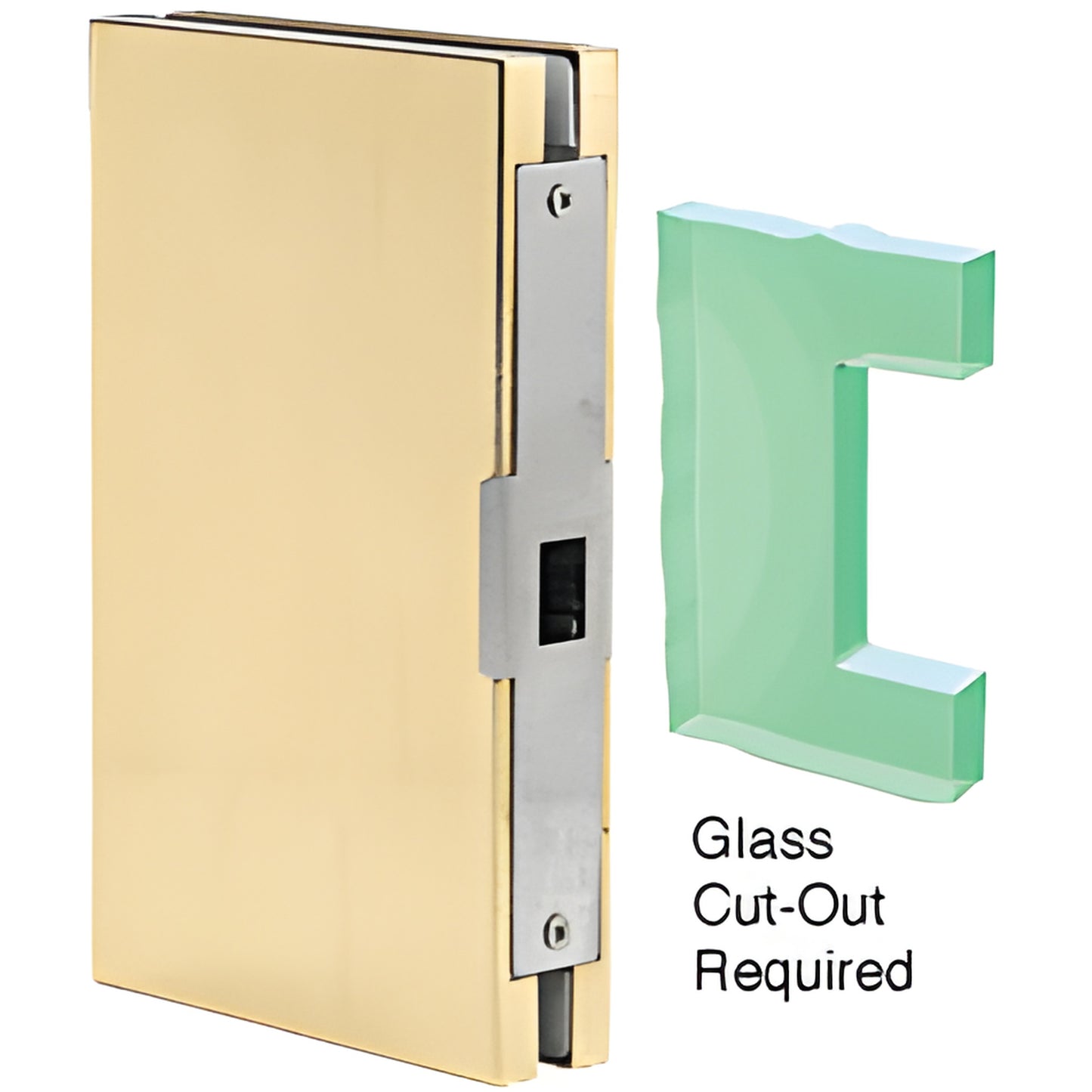 Polished brass 6x10 center lock glass keeper (DLK610PB) for 1/2" tempered glass doors, bolt-on, glass cut-out required
