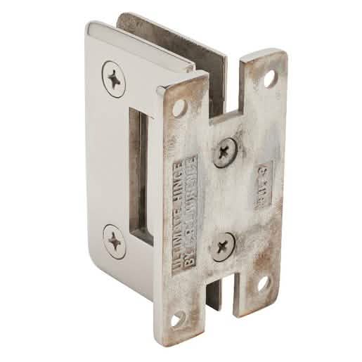 Polished stainless steel wall mount hinge with 'H' back plate, sleek and durable design.