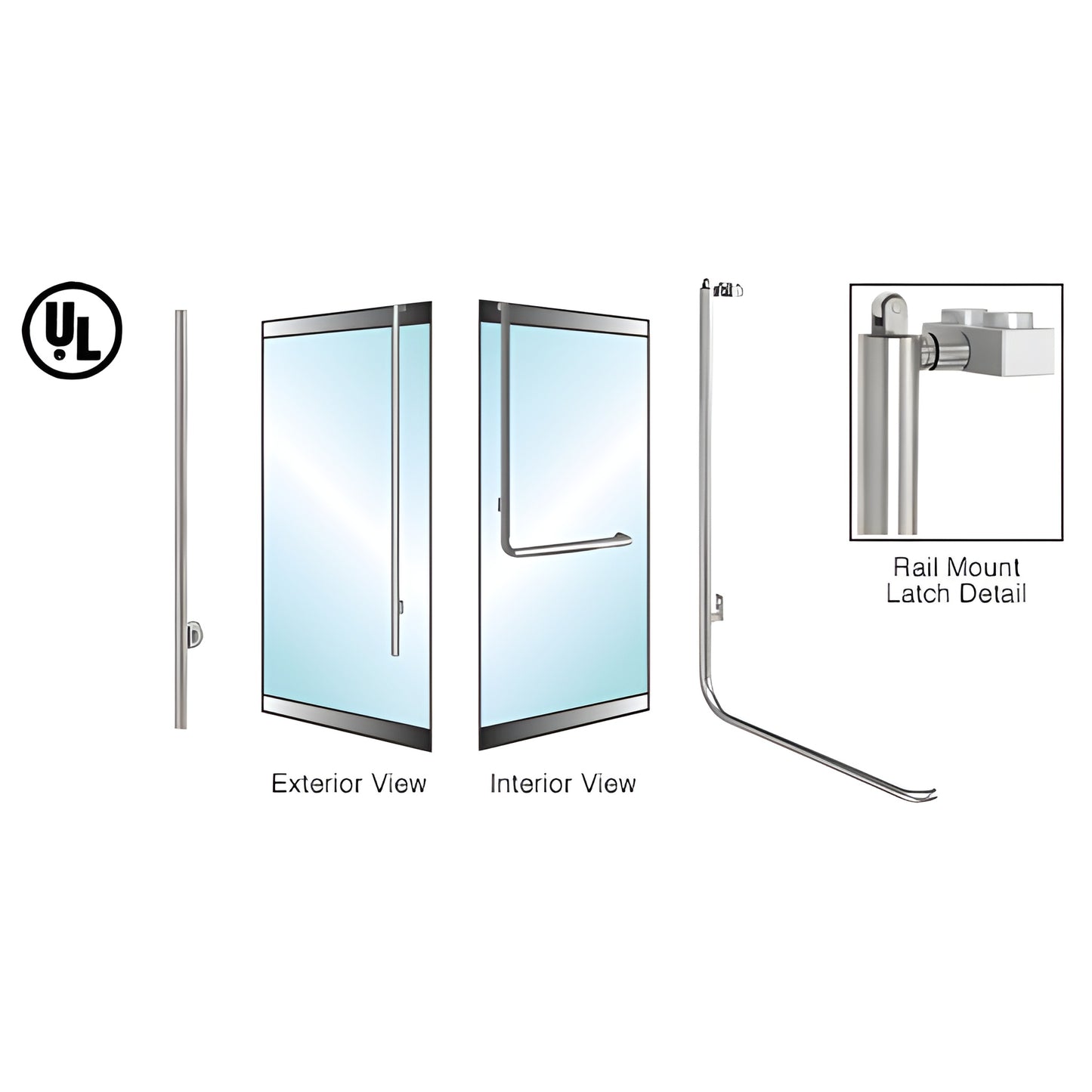 PA100LS4LKBS brushed stainless 1-1/4 in. low-profile rail-mount panic handle for 1/2-3/4 in. tempered glass doors.