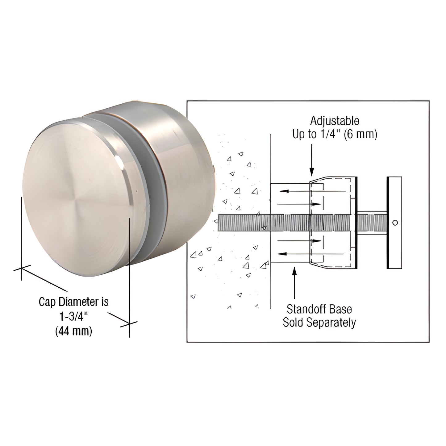 ADJCAP112BS brushed 316 stainless adjustable standoff cap, 1-3/4" dia, fits 1-1/2" base, adjustable up to 1/4" (6mm)