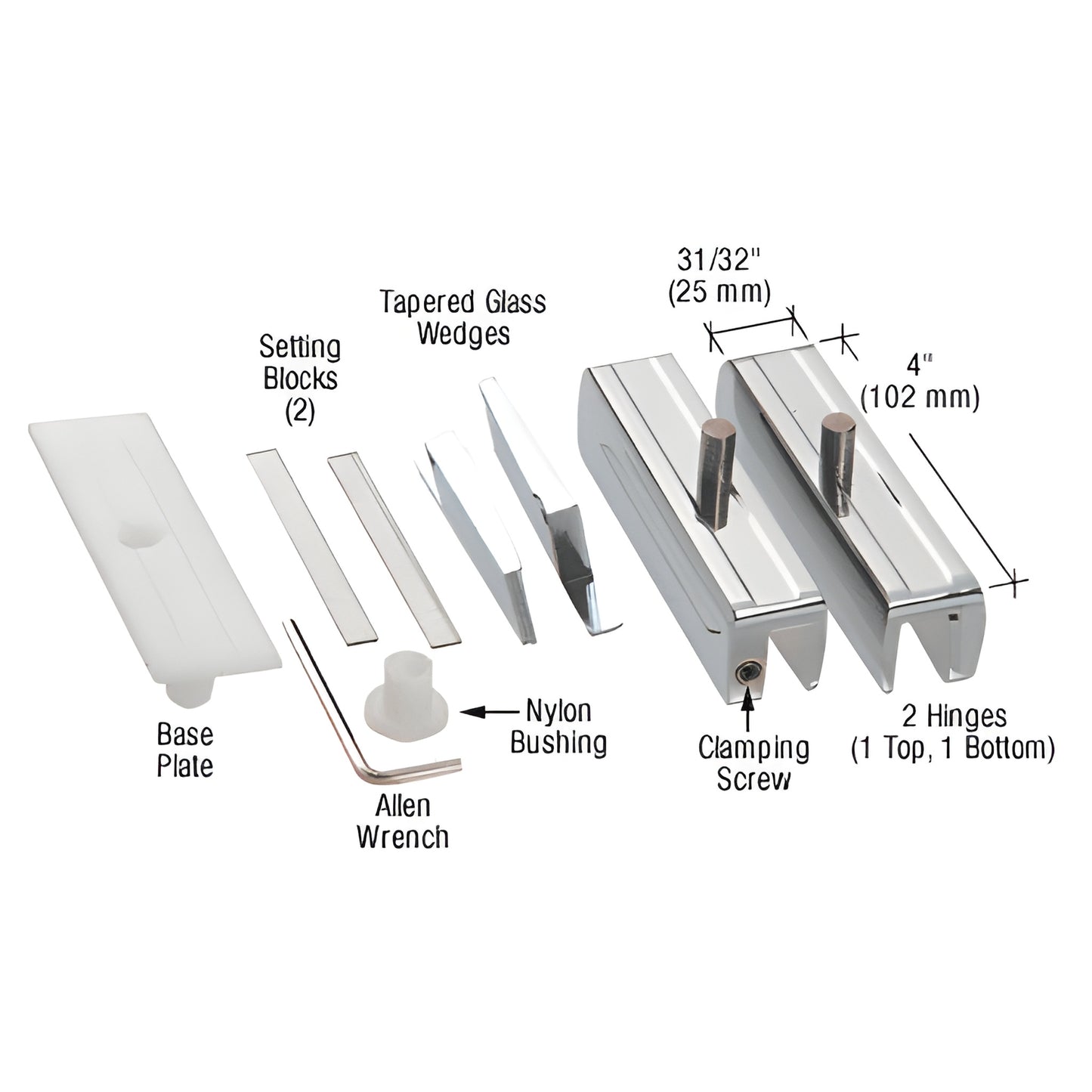 Madrid MA01CH polished chrome pivot hinge kit for 3/8 glass - 2 hinges, base plate, shims, wedges, bushing, Allen wrench.