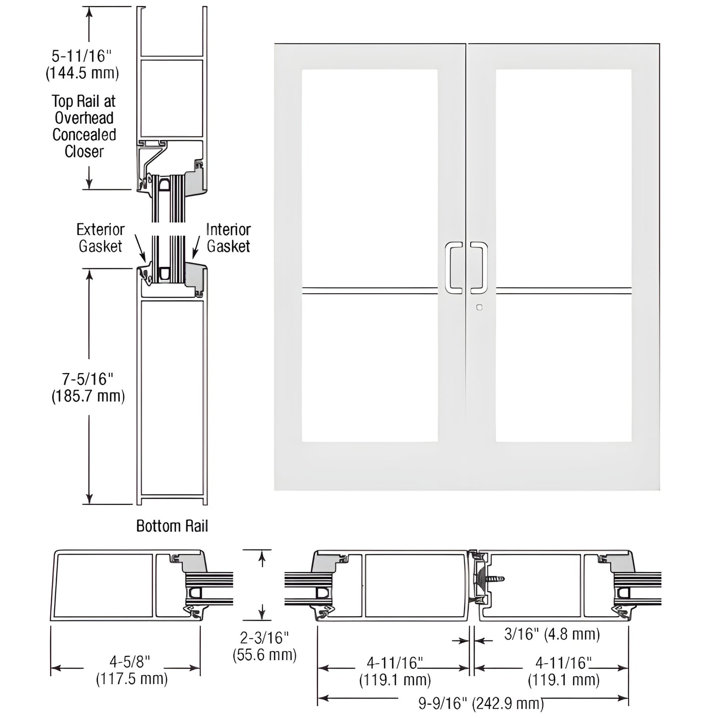 White Kynar medium-stile double impact entrance doors with glass, pull handles and deadbolt (SKU SF62452)