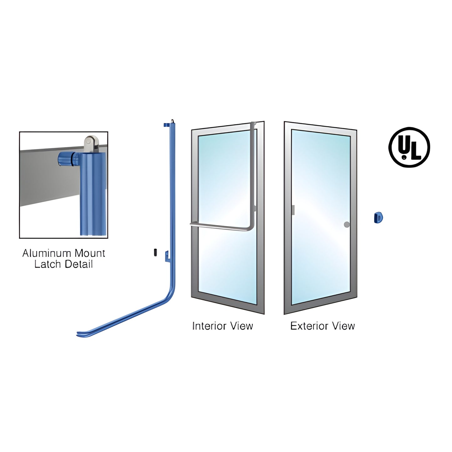 PA100Z3AKPT tubular panic exit handle for 1/2"-3/4" tempered glass doors, 1-1/4" tube, right-hand reverse, stainless/powder c