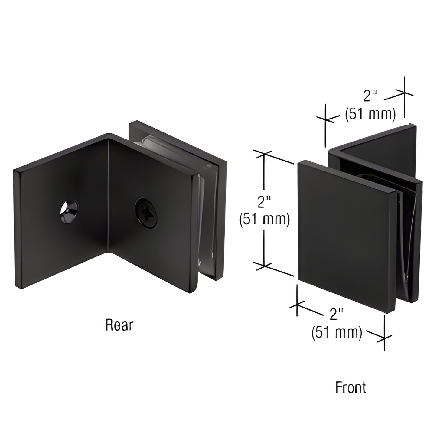 Matte black CRL SGC039MBL square fixed glass clamp, 2" large leg, wall-mount for 3/8-1/2" (10-12mm) glass.