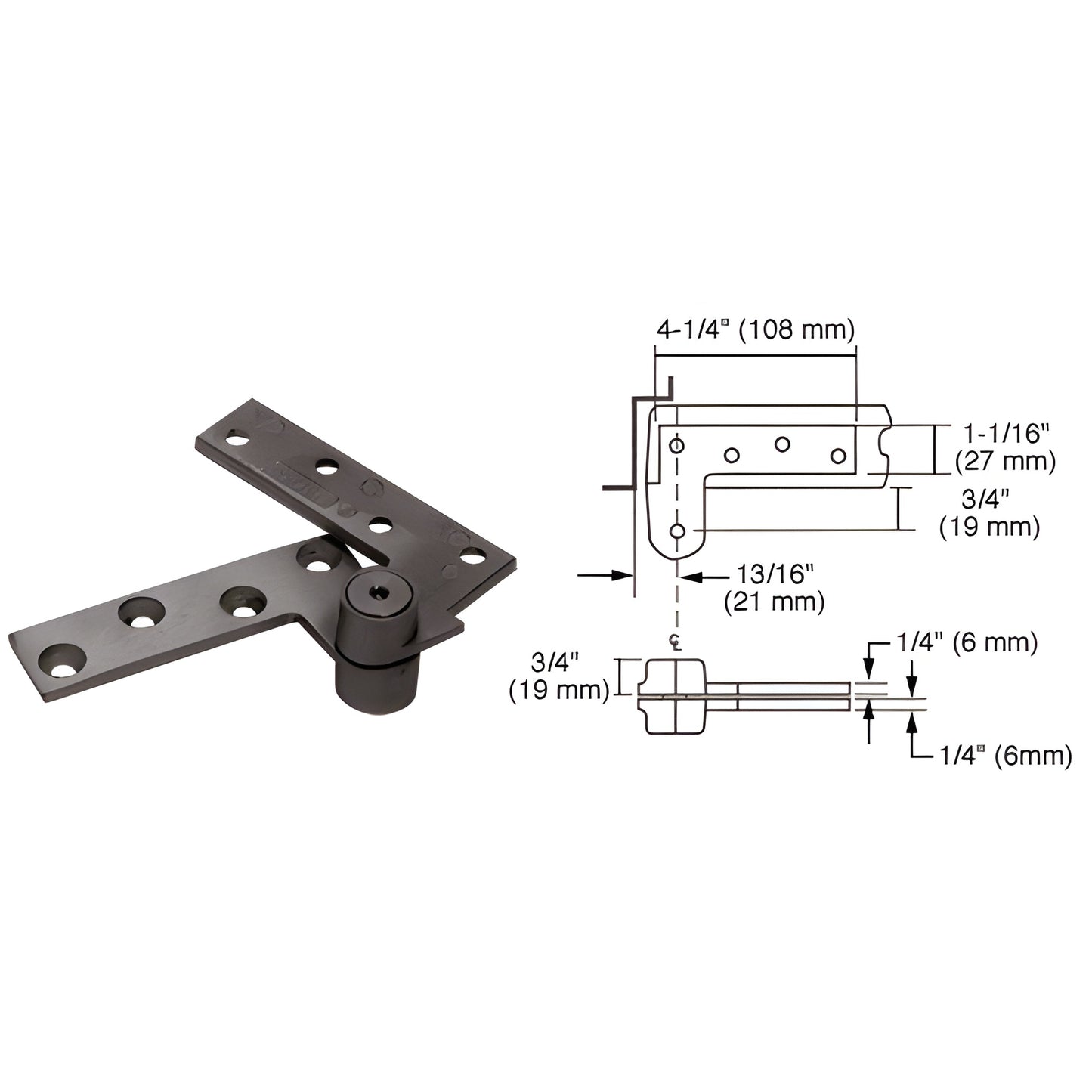 Rixson R180DU 3/4" offset top pivot, dark bronze aluminum pivot with mounting plates and dimensional diagram.