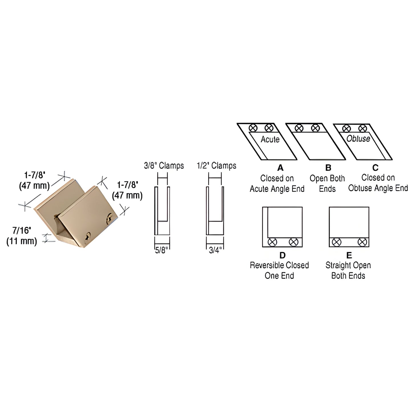 RH4412BR polished brass slant open-center glass clamp for 1/2" (12 mm) tempered glass, solid brass 1-7/8".