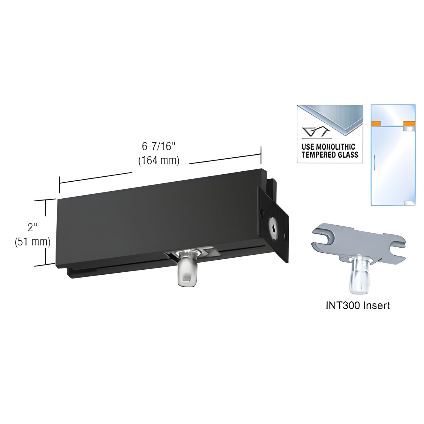 PH34MBL matte black wall-mounted transom patch with INT300 insert for 3/8-1/2" tempered glass (6-7/16" x 2")