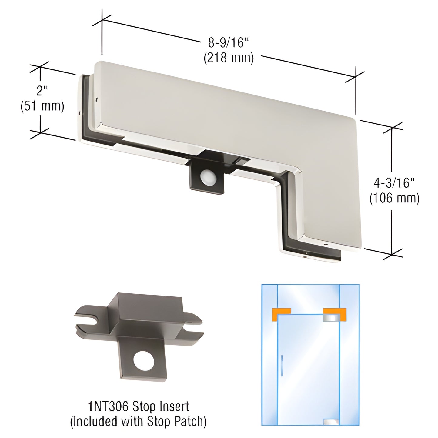 PT4034BS DORMAKABA brushed stainless sidelite transom patch fitting for 3/4" glass, 8-9/16" 4-3/16" dimensions.