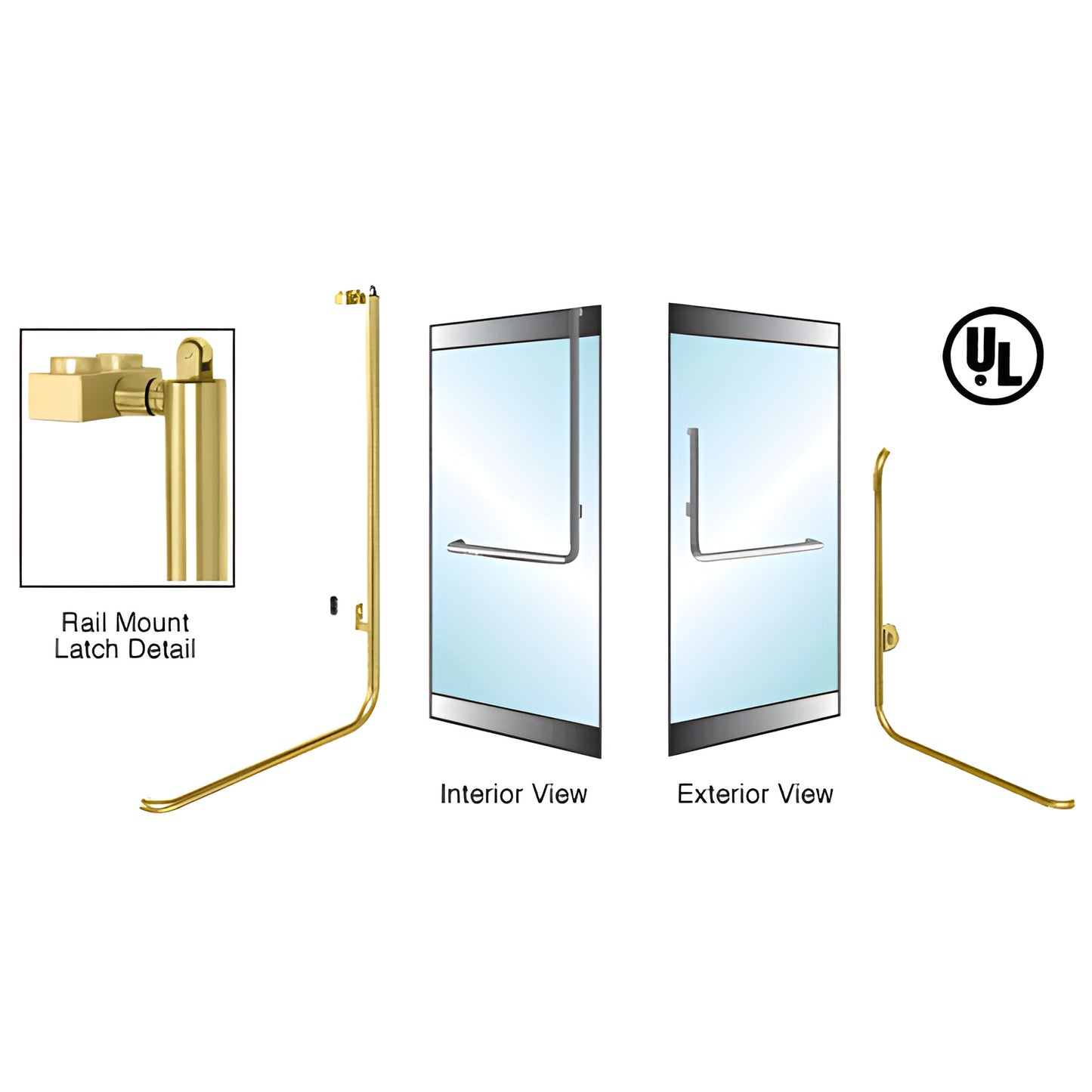 Satin brass tubular panic rail-mount handle for 1/2 or 3/4 in tempered glass doors (PA100B3RKSB).