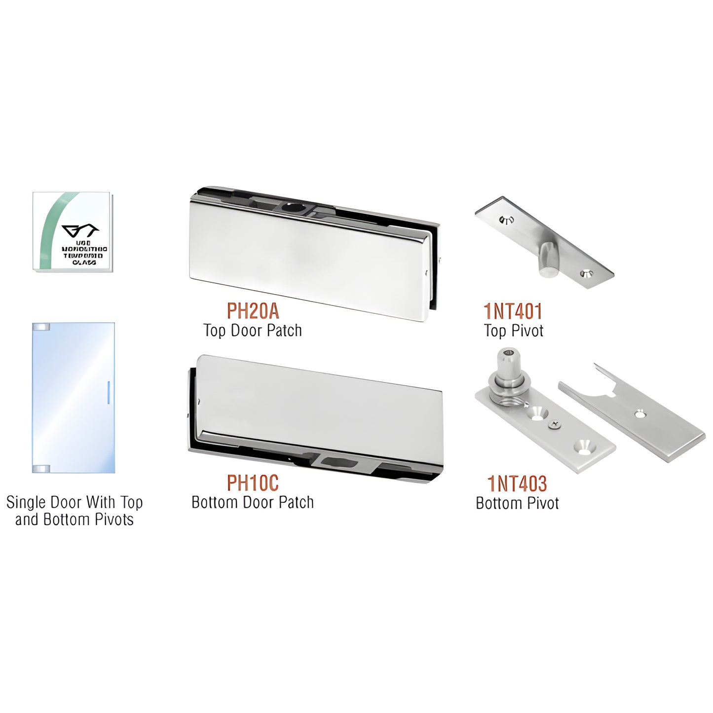 PHA1BS brushed stainless steel patch door kit for single 10/12 mm (3/8-1/2") glass; top and bottom patches with pivots