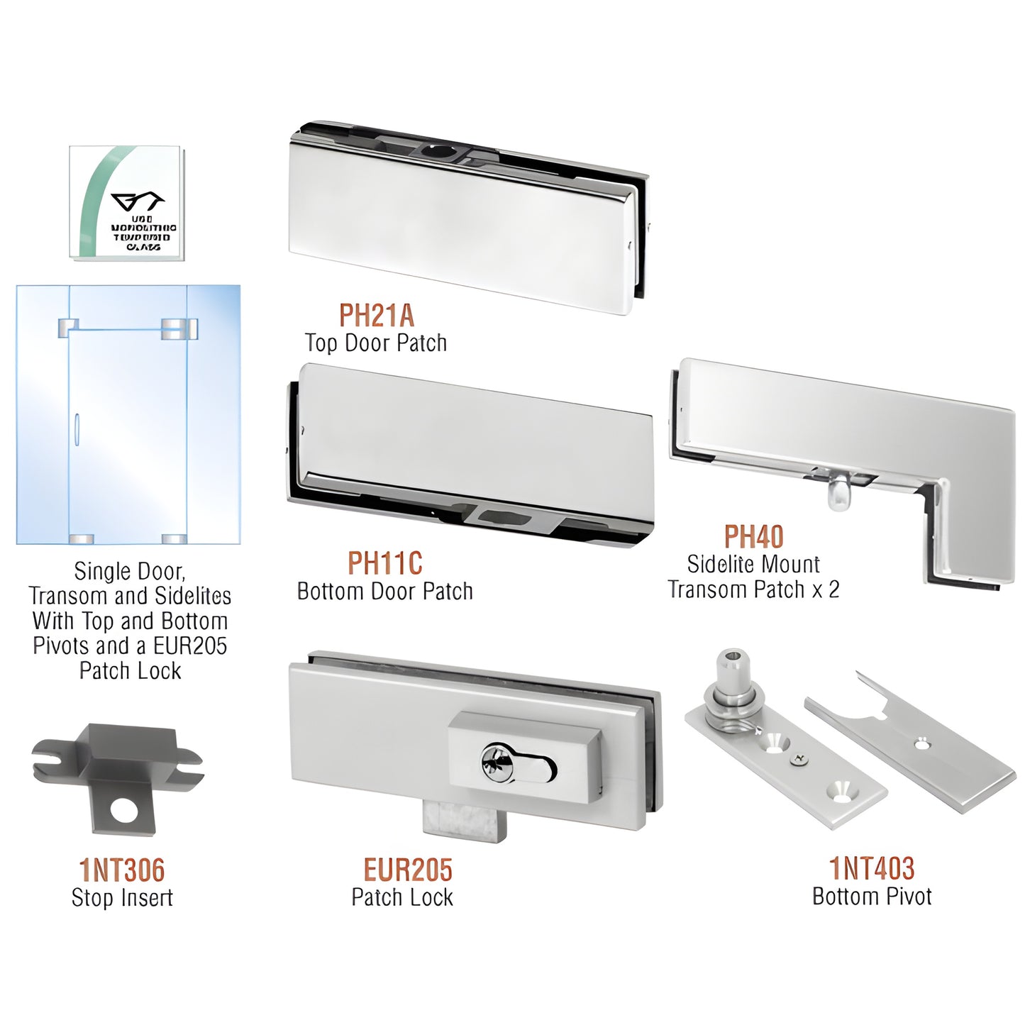 CRL PHE5LBS brushed stainless European glass door kit - top & bottom patches, sidelite/transom mounts, pivot, stop insert, op