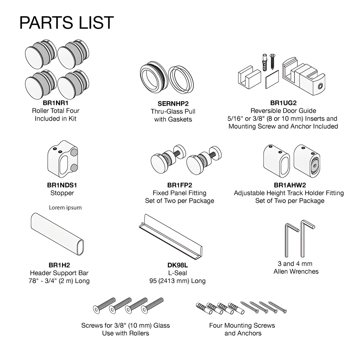 BR178MBL matte-black Bristol frameless sliding shower door system with one sliding panel, one fixed panel, top rollers.