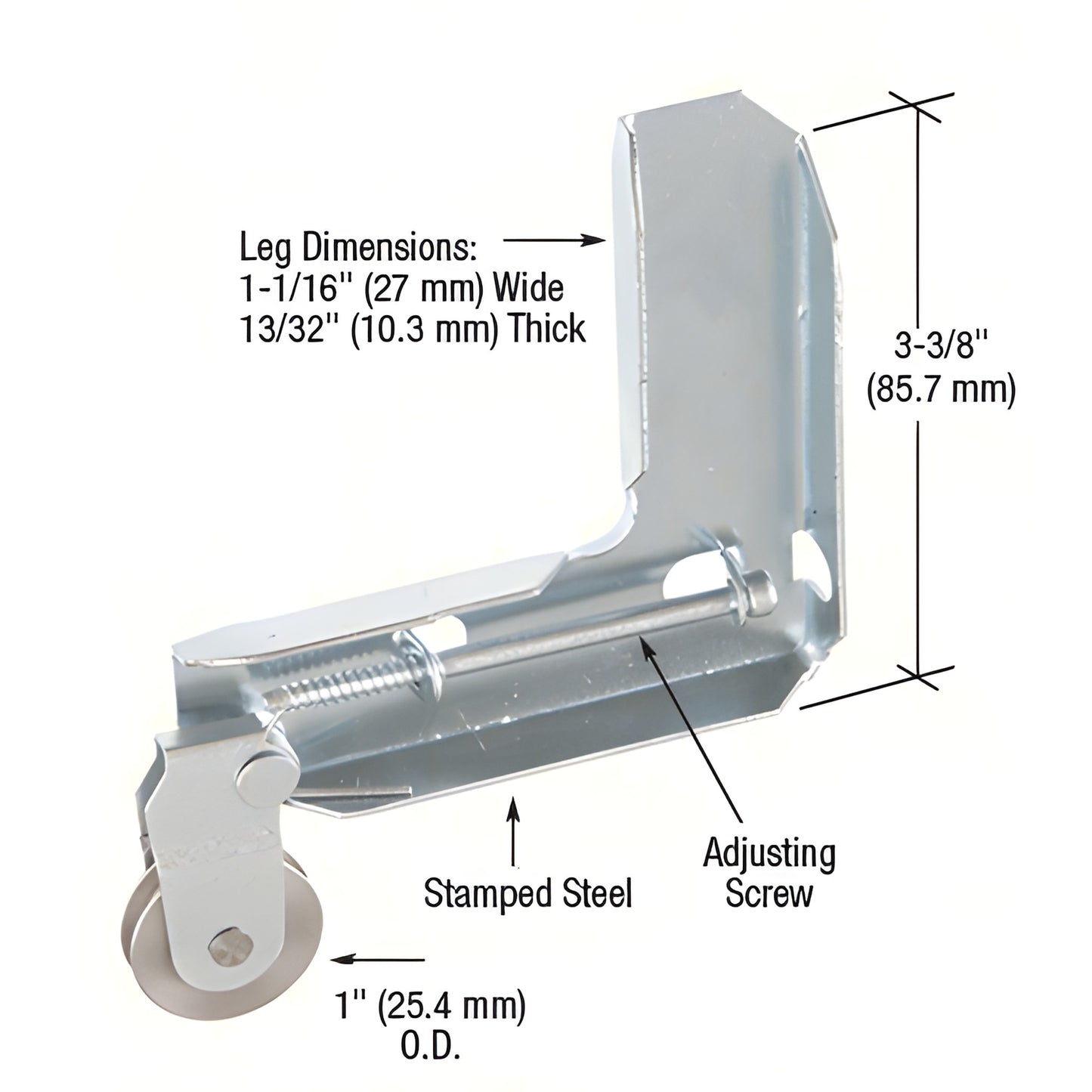 B727 adjustable sliding screen door roller assembly, stamped steel corner housing, grooved 1" roller and adjusting screw.
