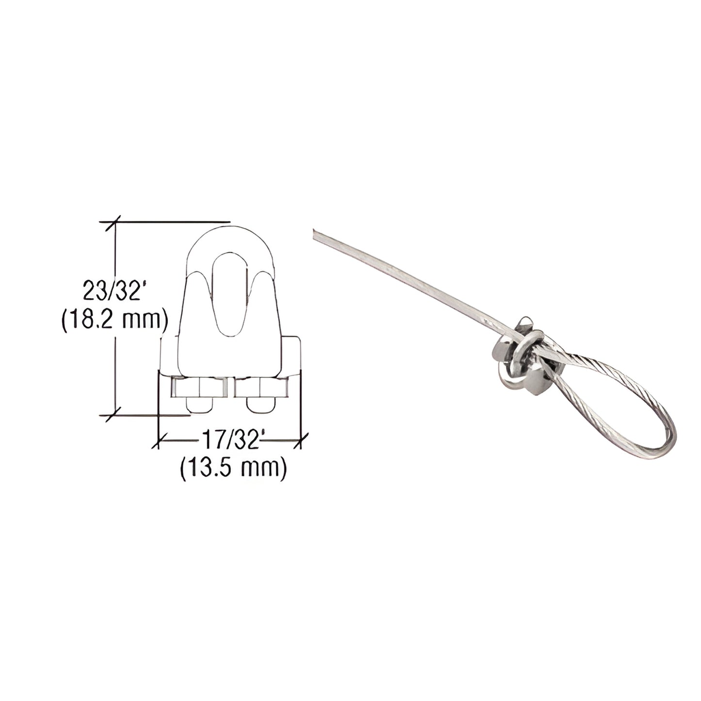 Aluminum CB118 cable loop securing clamp with looped steel cable, compact 23/32 in 17/32 in (18.2 13.5 mm)