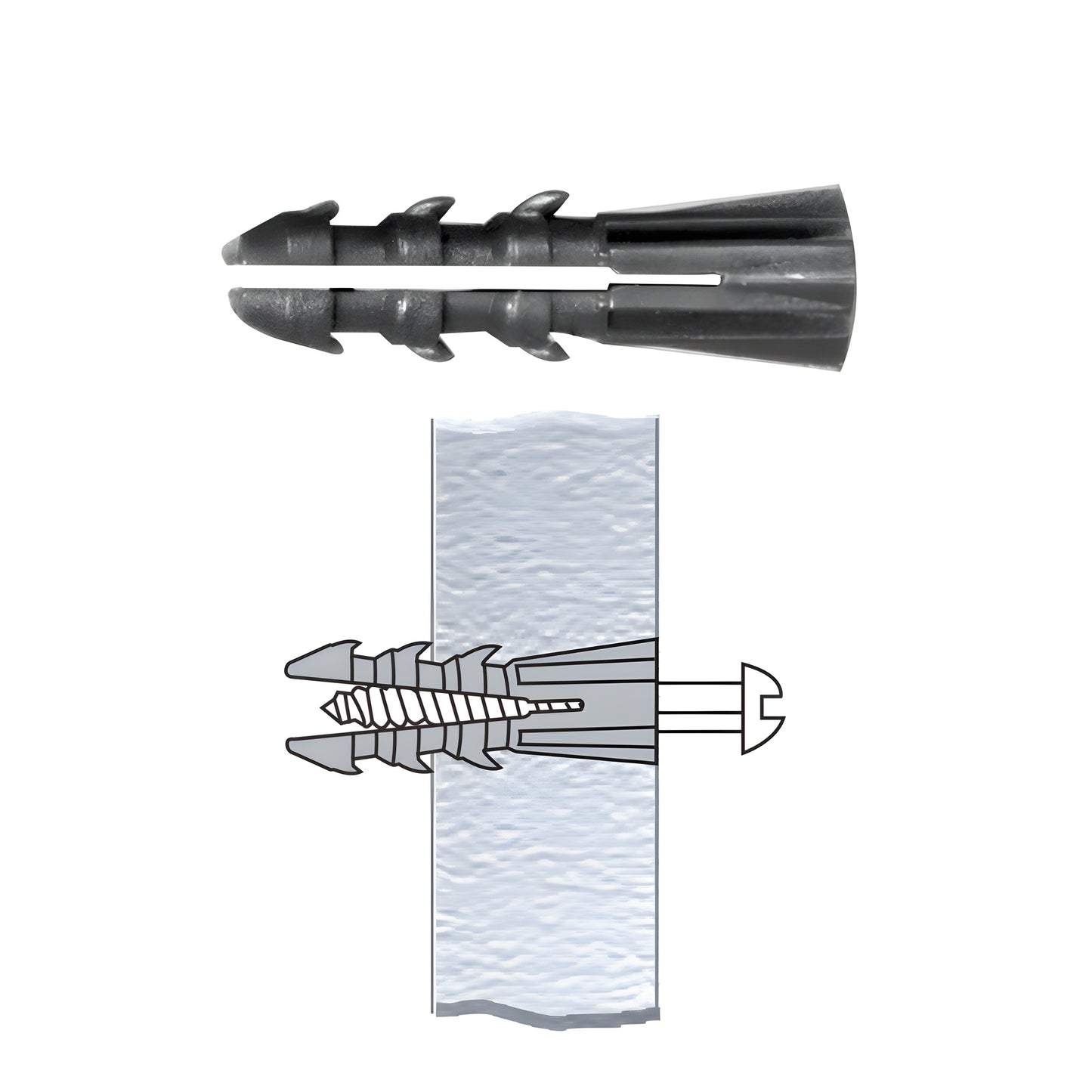 Gray P1319C plastic wall anchor, ribbed split design for concrete, block and drywall