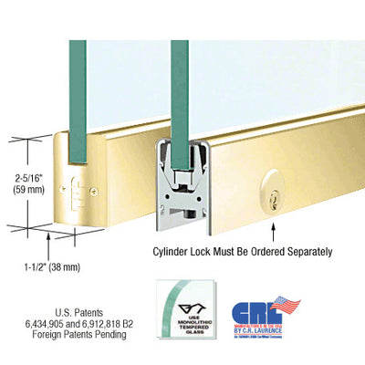 Polished Brass Low Profile Square DRS Door Patch Rail With Lock for 1/2" Glass - 8" Length