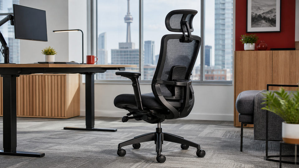 Adjustable ergonomic office chair in a modern Canadian workplace