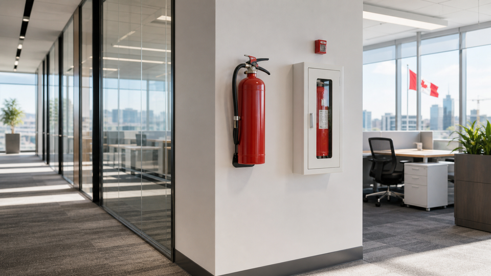 Fire extinguishers installed in a modern Canadian office