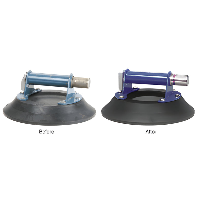 A side-by-side comparison showing a worn 10-inch metal handle vacuum cup before and after the POWR-Grip exchange service.