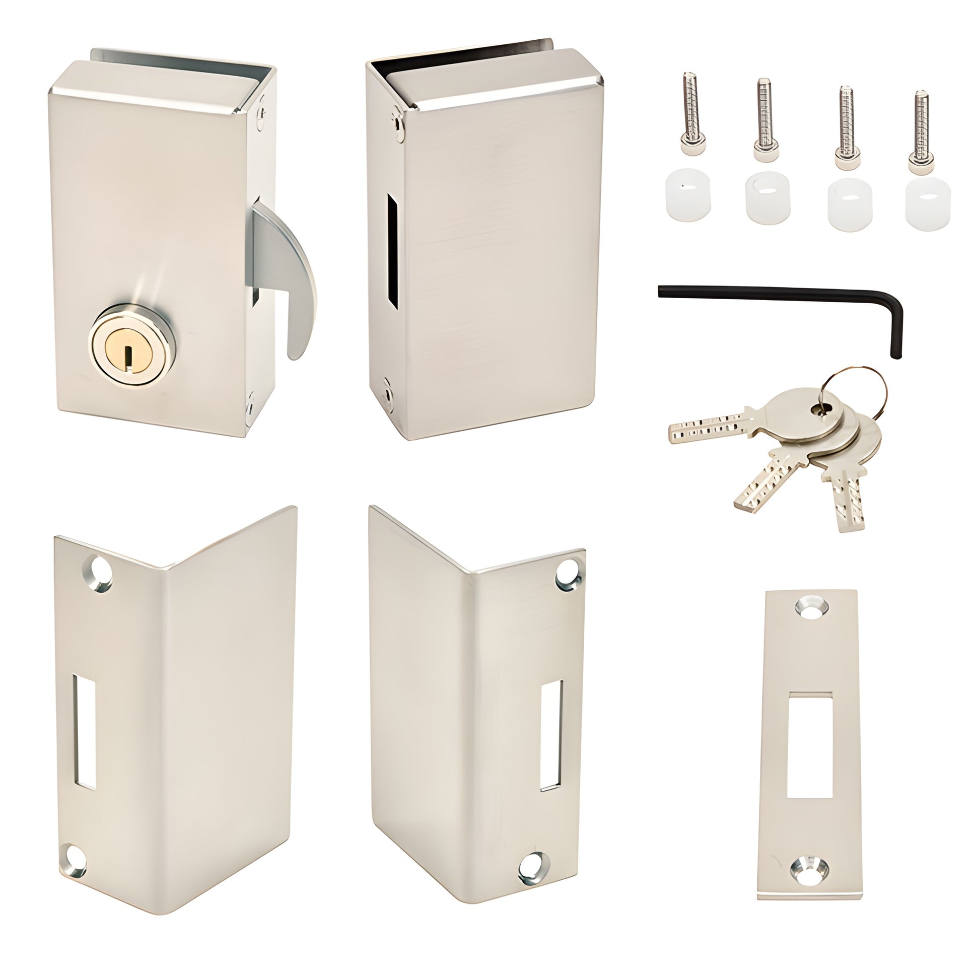 SGDLBSL brushed stainless sliding glass door lock kit with lock, keeper, strike, adapters, screws, hex key and keys