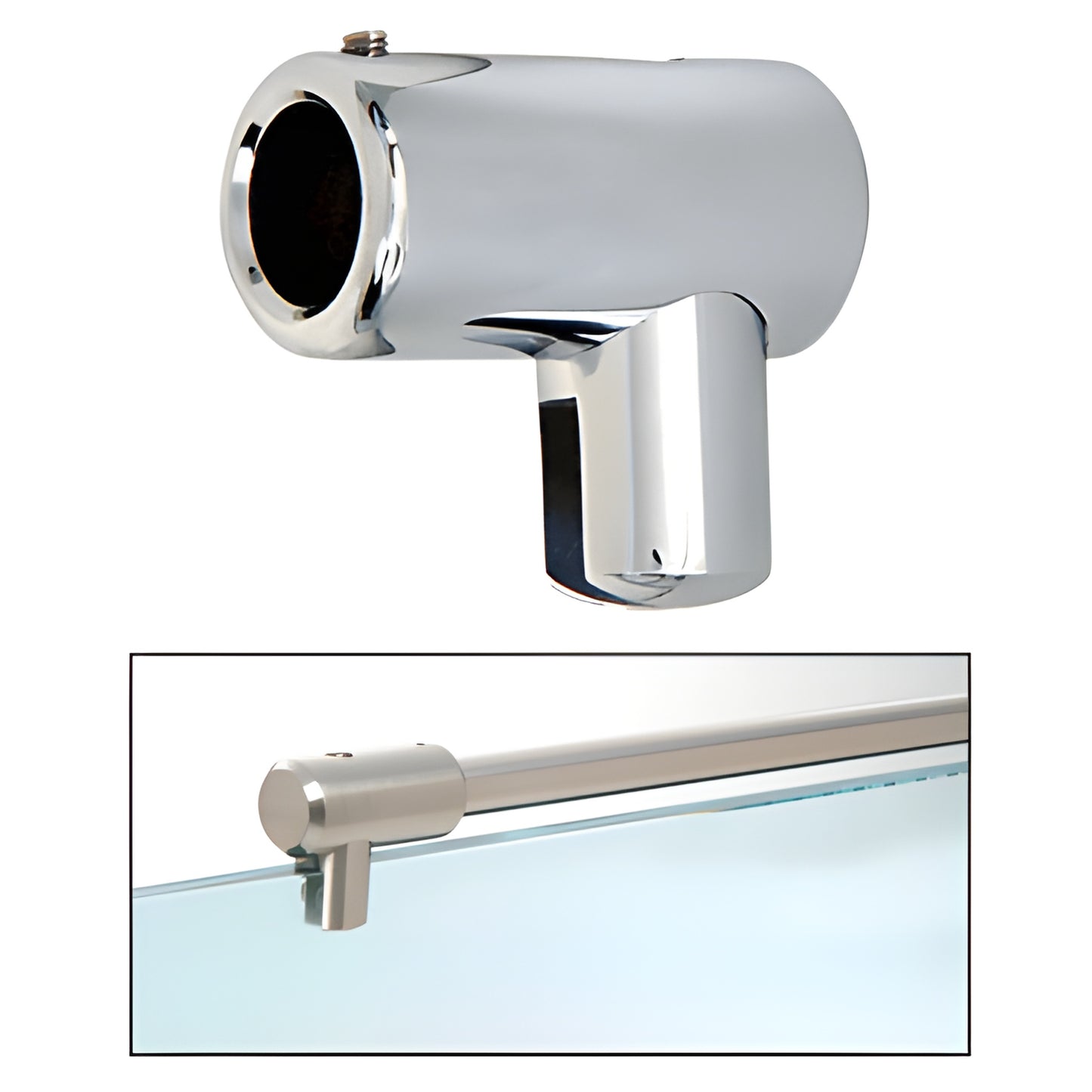 Polished chrome U-bracket (SKU S5CH) for 3/8-1/2" tempered glass, swivel support-bar connector