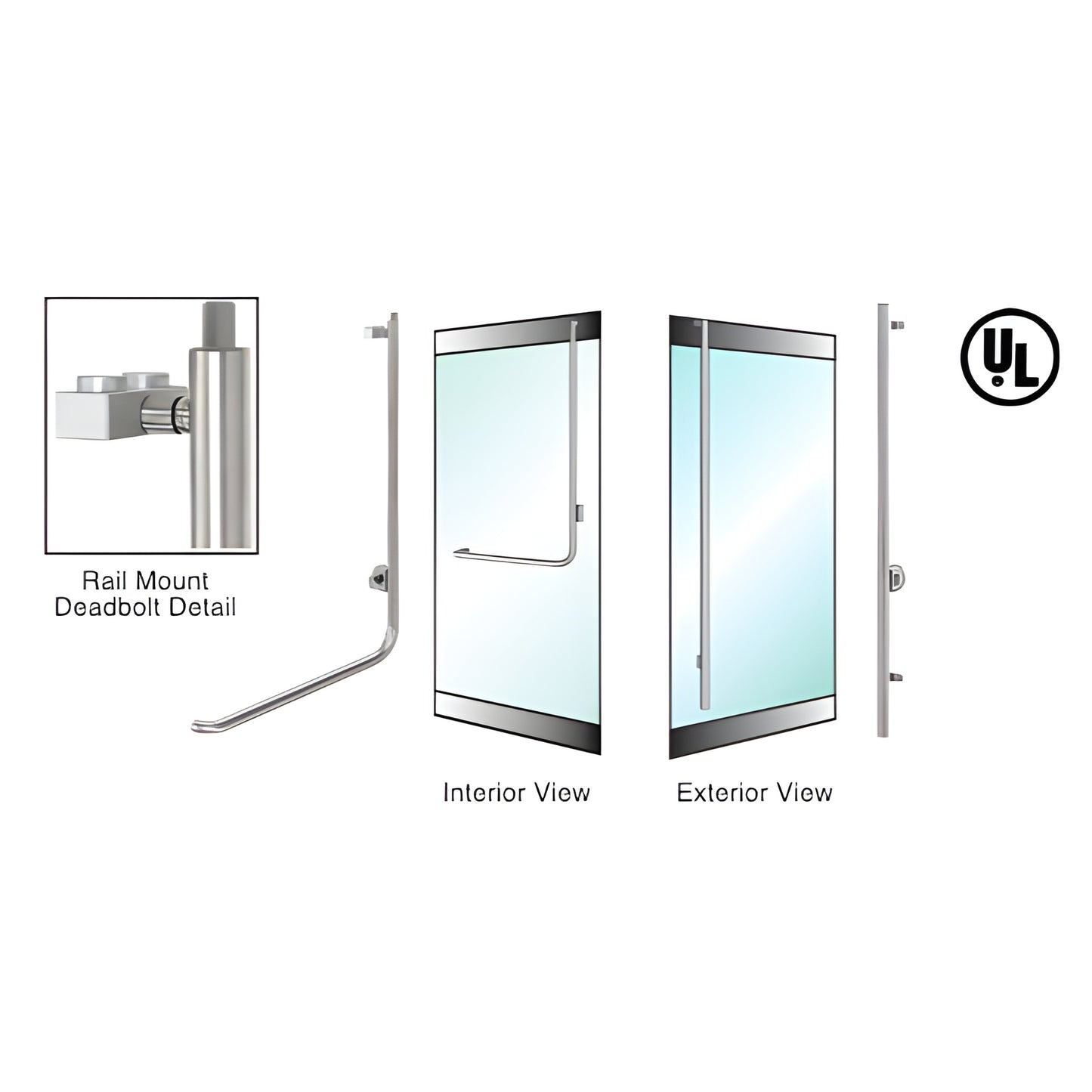 Brushed stainless tubular rail-mount deadbolt handle for 3/4 in tempered glass doors; right reverse; cylinder/thumb.