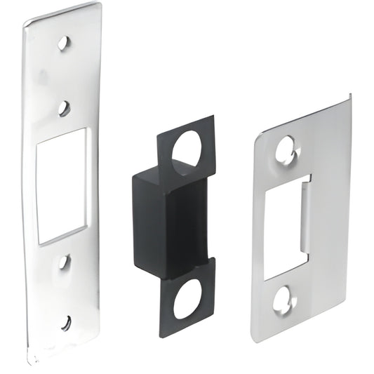 DL4515 brushed stainless steel lock strike kit with backup plate and black dust box, universal fit for glass doors.