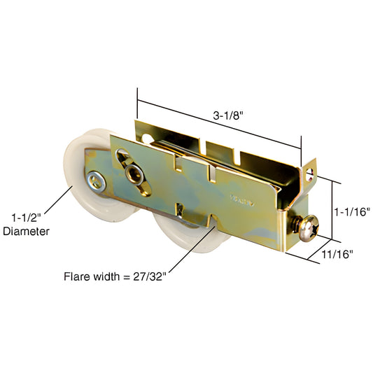 CRL D1738 adjustable steel housing tandem nylon roller assembly for sliding glass doors - 1-1/2" wheels, 3-1/8" long