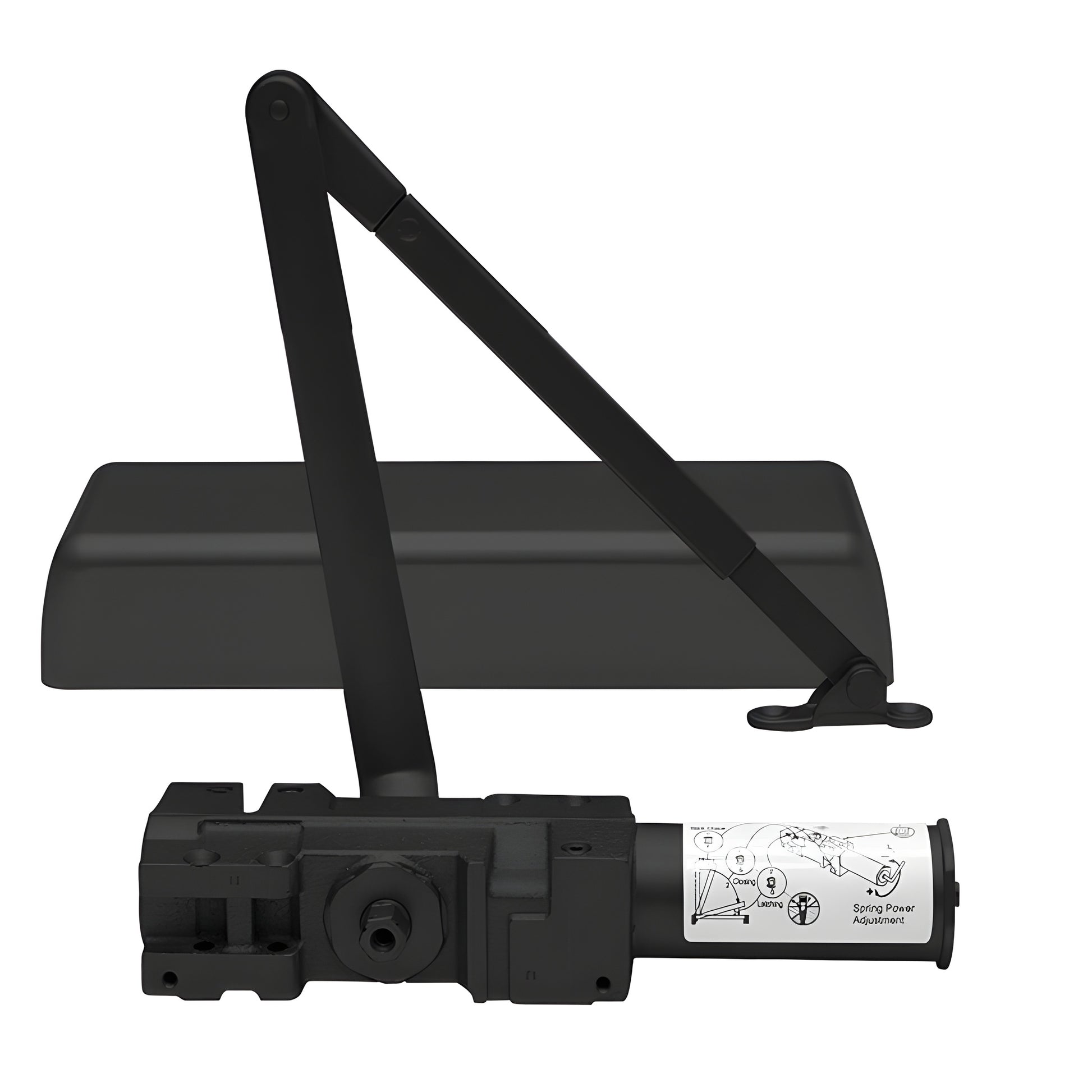 Black PR90BLK cast-iron surface-mounted door closer with parallel arm, adjustable spring (1-6), ADA/Grade 1