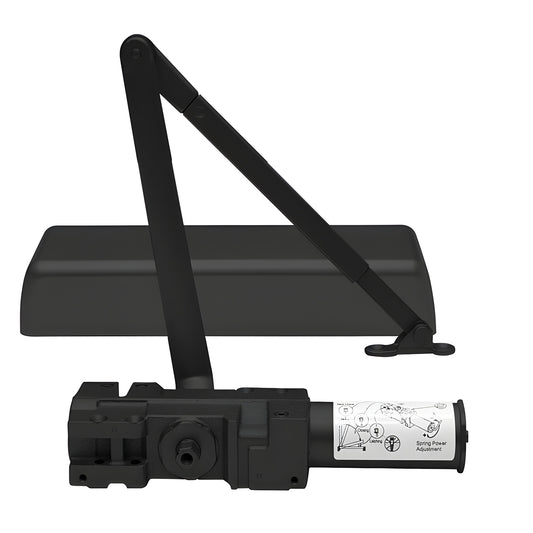 Black PR90BLK cast-iron surface-mounted door closer with parallel arm, adjustable spring (1-6), ADA/Grade 1
