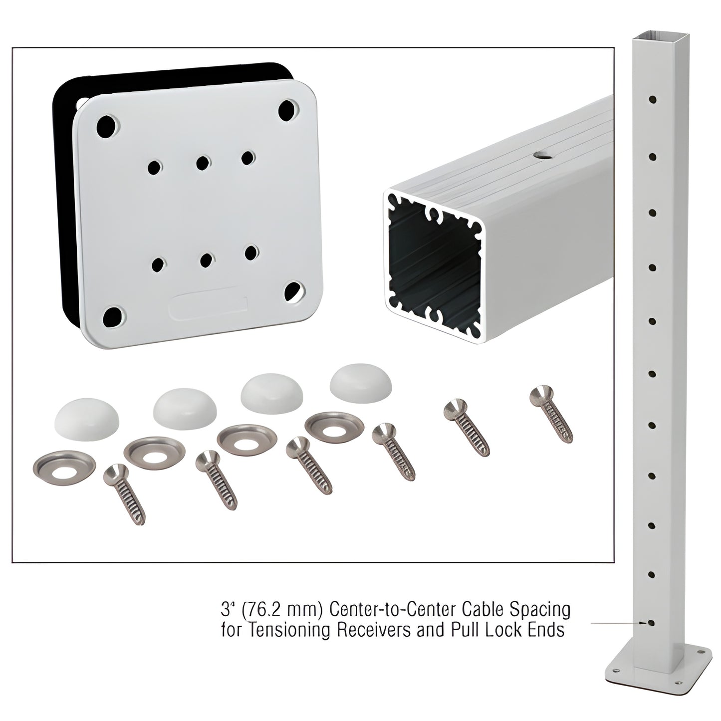 P42PKS: 42" silver aluminum square post cable end kit with base plate, gasket, screws, stainless washers and color-match bolt