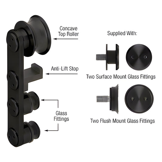 Matte black CRL LS400MBL Laguna anti-lift top roller with concave wheel, includes surface and flush fittings.
