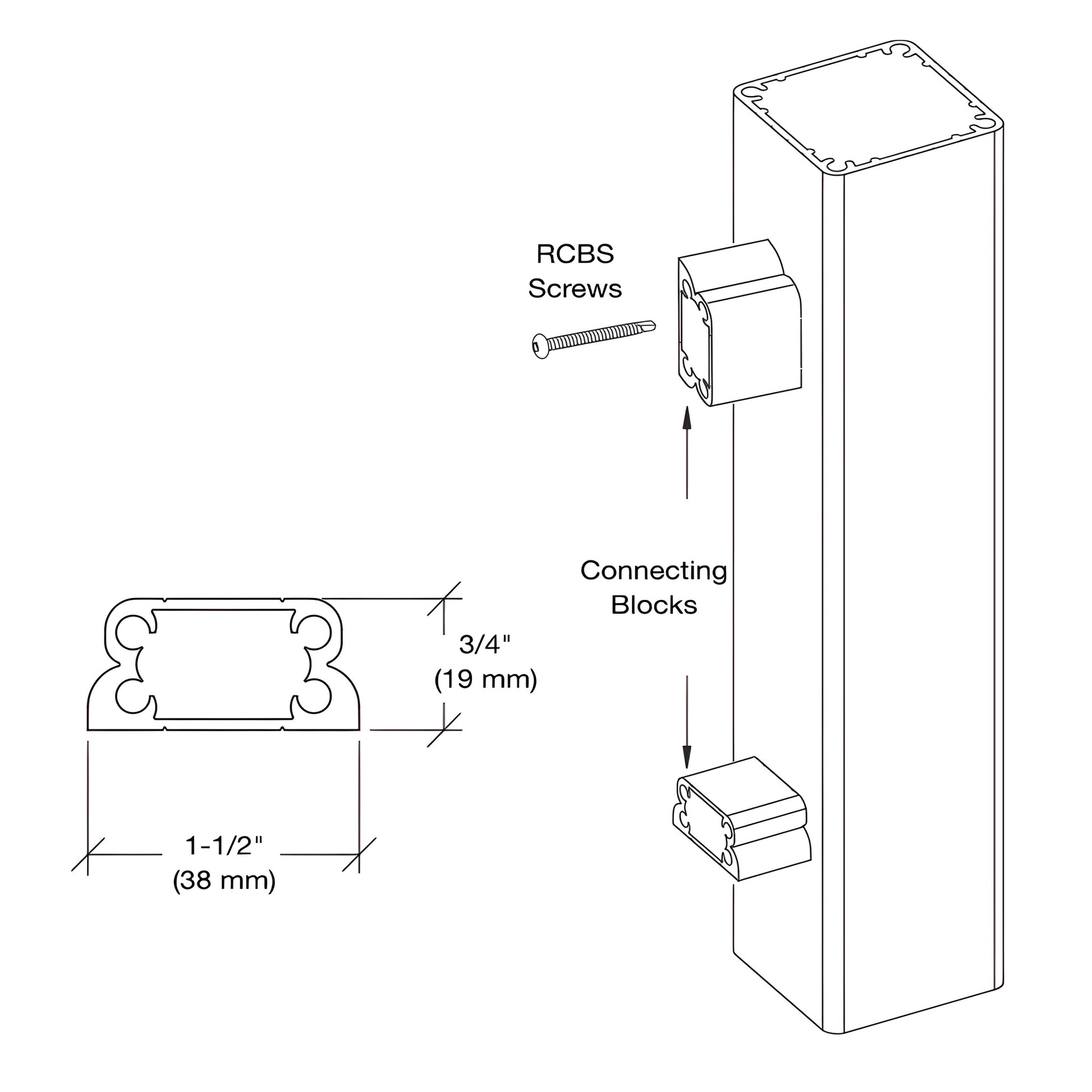 RCB1 aluminum mill finish rail connecting block extrusion, 1 in, for 100 Series top/bottom rails