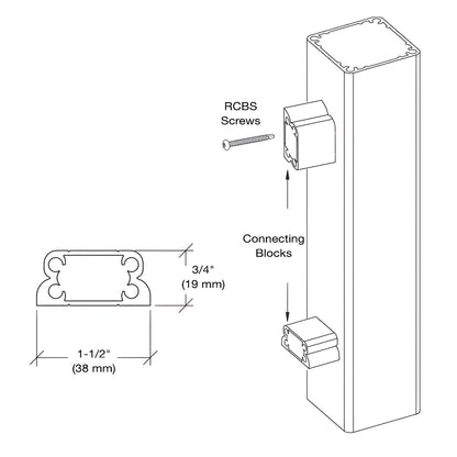 RCB1 aluminum mill finish rail connecting block extrusion, 1 in, for 100 Series top/bottom rails