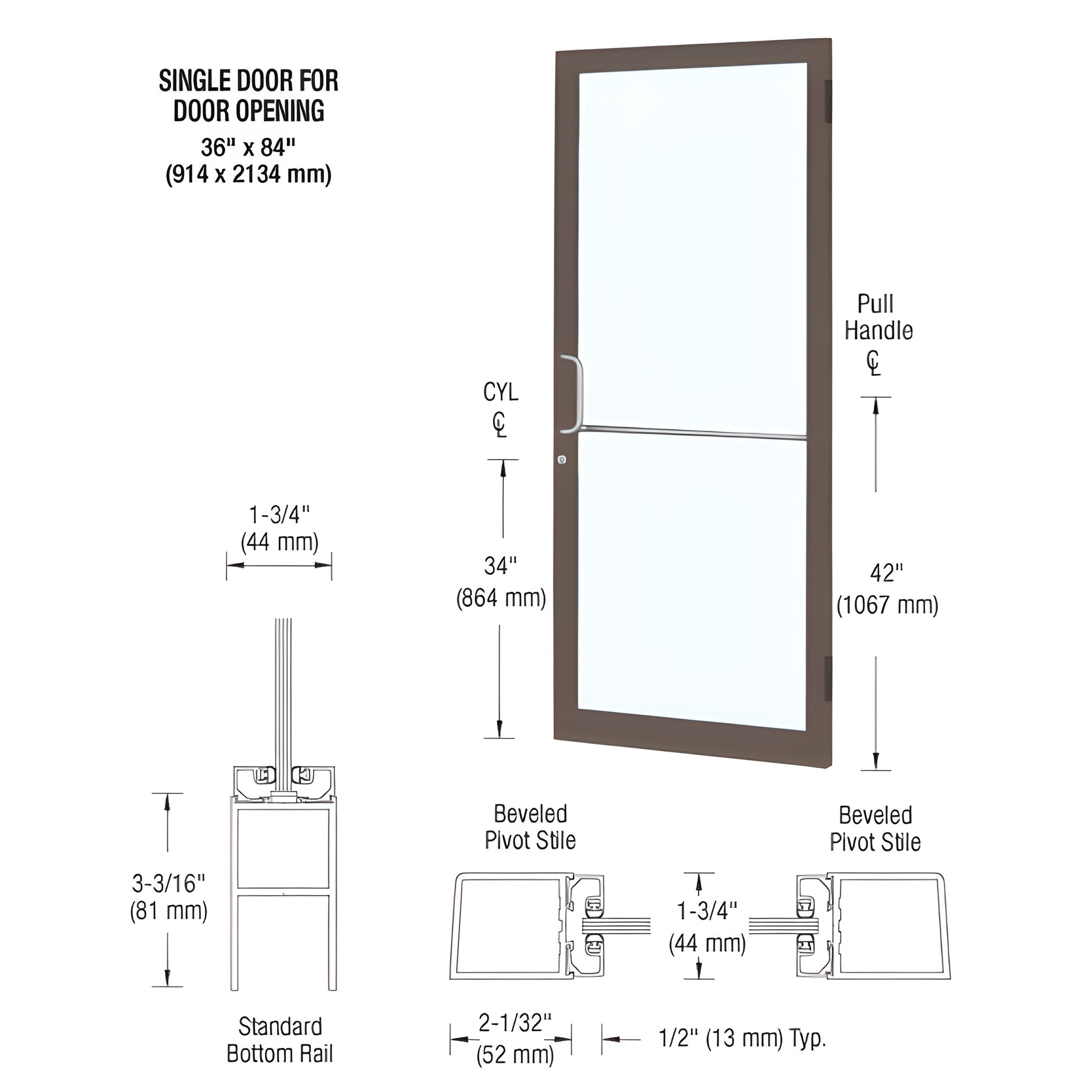 DC21522 black bronze anodized narrow-stile commercial glass entrance door, 36x84, push/pull, keyed cylinders
