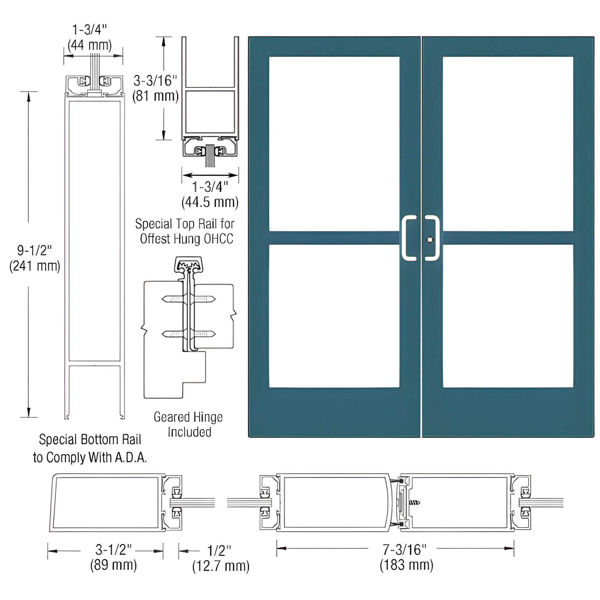 CRL CZ42971 medium stile double entrance door, teal frame with four glass panels, 3-1/2" stiles and ADA 9-1/2" bottom rail
