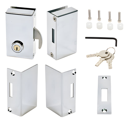 Polished stainless sliding glass door lock kit (SKU: SGDLPSL) with lock, keeper, strike, keys, screws and hex key