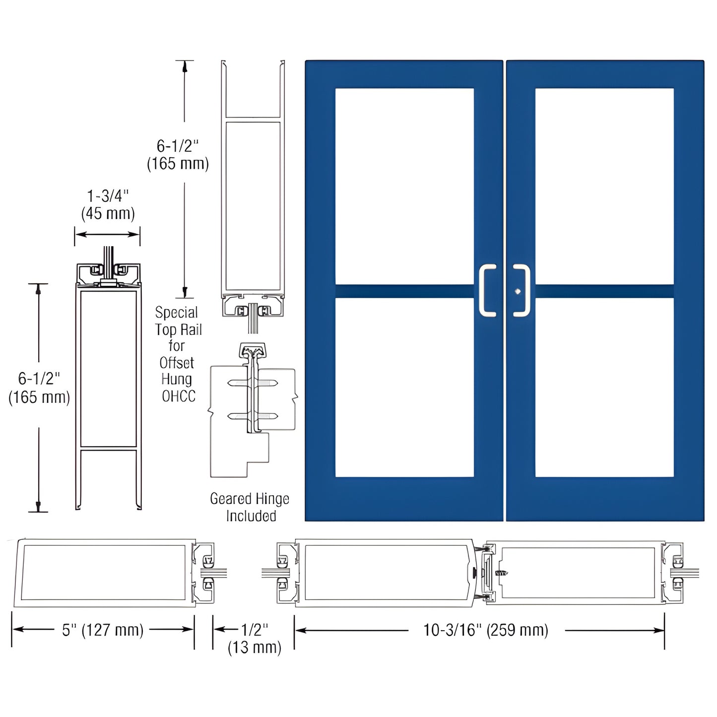 DZ52971: blue custom wide-stile commercial double door, 5in stiles, dual glass panels, geared hinge