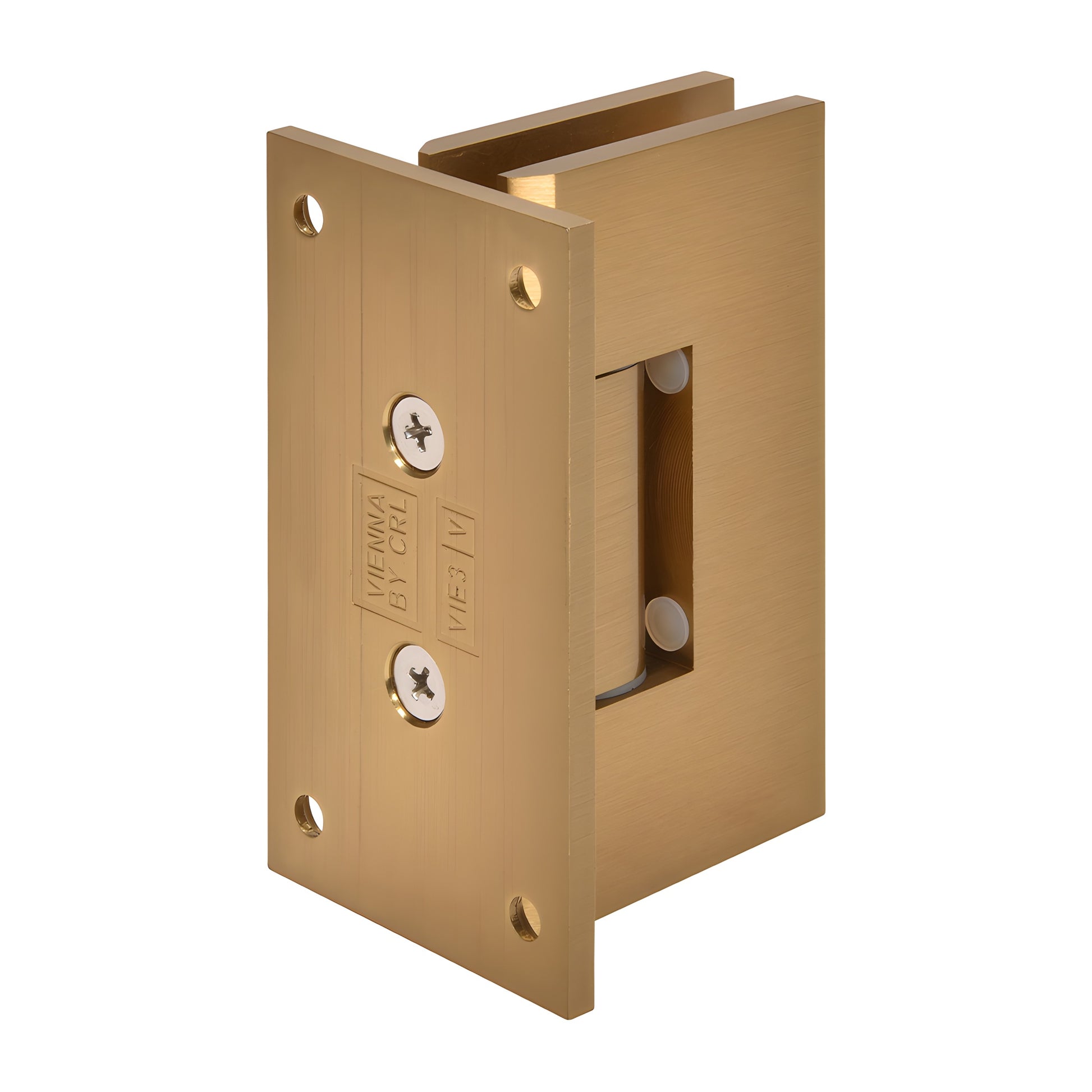CRL Vienna adjustable brass shower hinge, modern gold finish, full back plate for 1/2" glass (SKU V1E337MG)