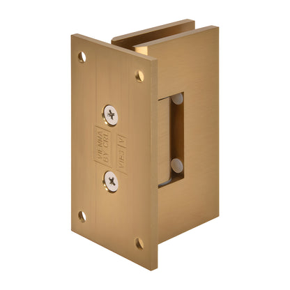 CRL Vienna adjustable brass shower hinge, modern gold finish, full back plate for 1/2" glass (SKU V1E337MG)
