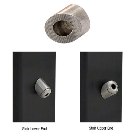 A 316 stainless steel beveled washer for 1/8 inch cable shown in isolation and installed on stair railing posts.