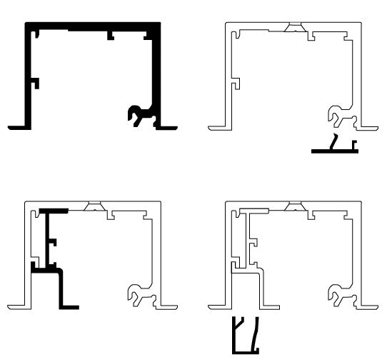 Technical line drawings showing the profile cross-sections of the 490/495 series drop ceiling fixed panel replacement track kit.