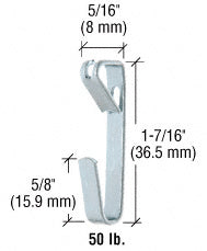 A technical diagram shows the dimensions of a single 50 lb. capacity metal picture hanger.
