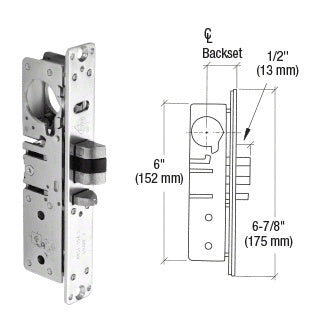 A left-handed Adams Rite deadlatch lock shown next to a technical diagram illustrating its 1-1/2 inch backset and 1/2 inch throw dimensions.