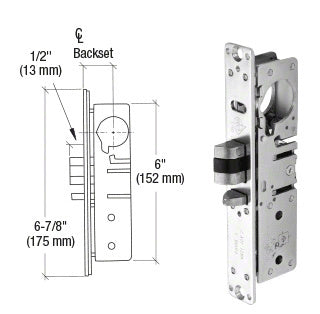 A technical diagram and a side view of the right-handed Adams Rite deadlatch lock with a 1-1/2 inch backset.