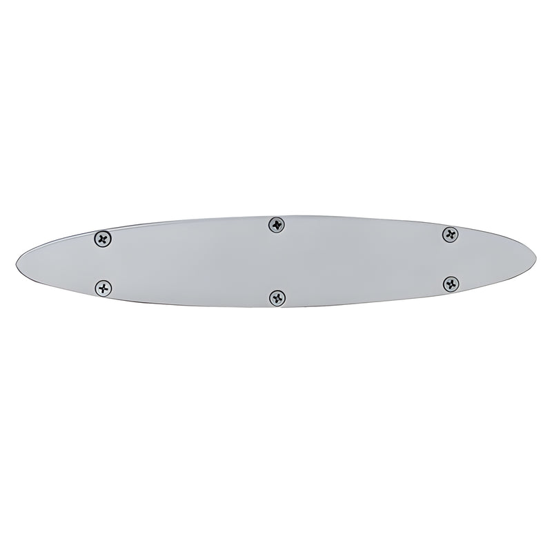A silver, elliptical-shaped airfoil end cap featuring a mill finish and six mounting screws.
