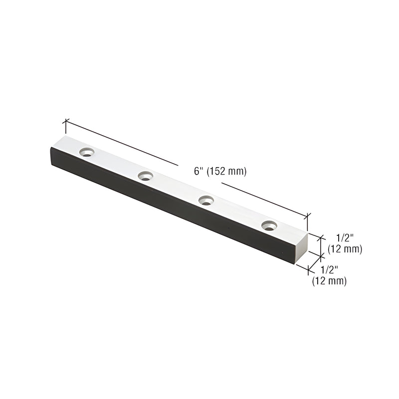 A technical diagram shows the 6-inch long aluminum header mounted double door stop with its 1/2-inch by 1/2-inch dimensions.