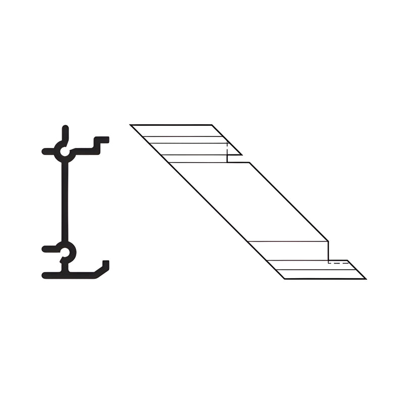 A technical line drawing showing the profile and angled side view of an aluminum shear block for inside 90-degree corners.